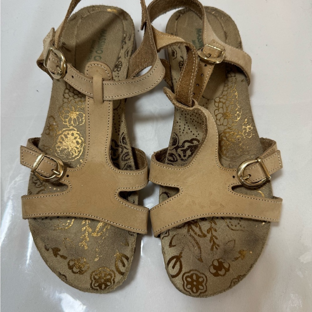 Gold and Tan Dressy Sandals with T-Strap Design